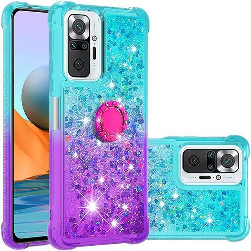 Coque Pour Xiaomi Redmi Note 10 Pro, Housse Case Coque Liquide Paillette Transparente Silicone Tpu Bumper Clair Etui Avec Bague Anneau Ring Support Pour Redmi Note 10 Pro-Bleu Et Violet