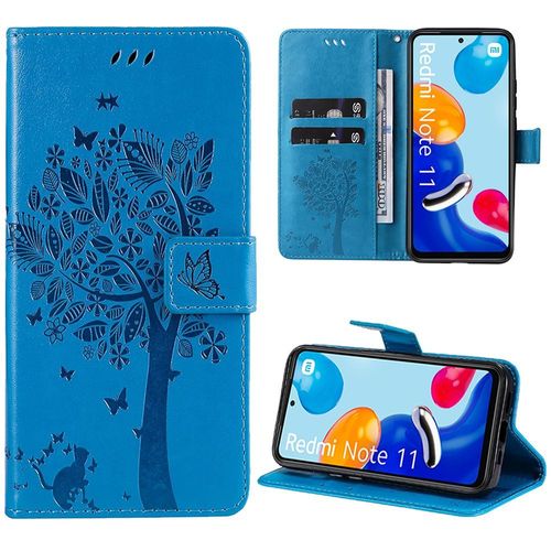 Coque Pour Xiaomi Redmi Note 11/Note 11s, Housse Rabat Cuir Pu Bleu Avec Motif Chat Arbre Papillon Fermeture Magntique - Booling