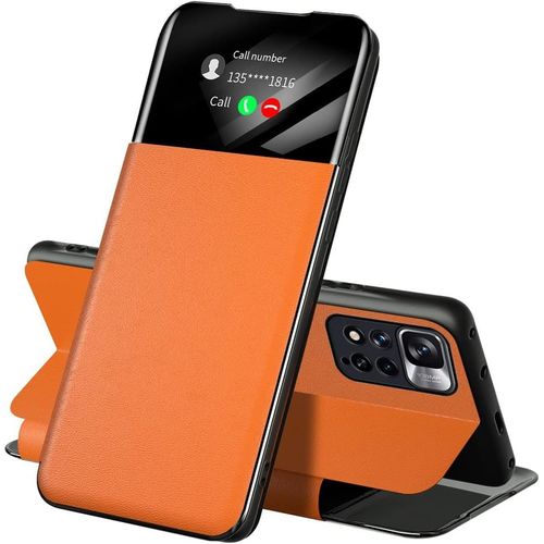 Coque Pour Xiaomi Redmi Note 11 Pro 4g Etui, Antichoc Housse En Cuir A Rabat Avec Smart Clear View, Smart Wake-Up,Fonction Support Mirror Flip Case Cover Orange