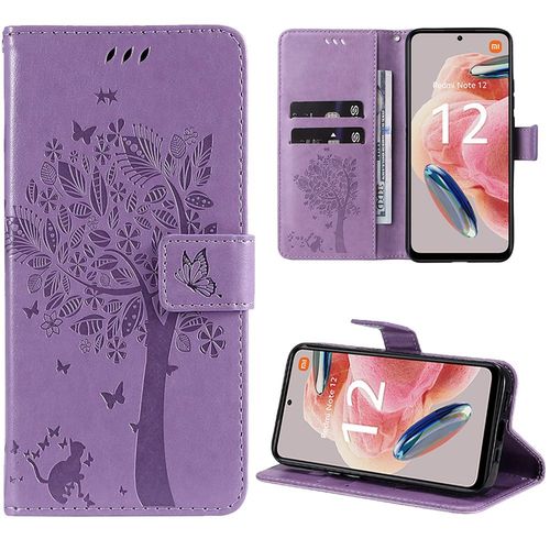 Coque Pour Xiaomi Redmi Note 12 4g, Flip Case Cuir Synthtique Violet Elgant En Motif Fleur Arbre - Booling