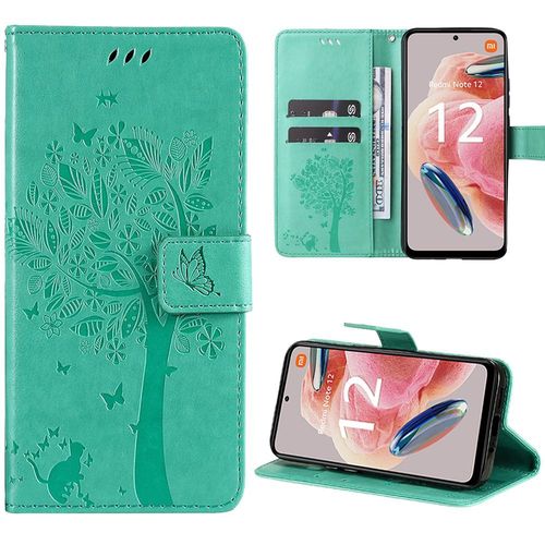 Coque Pour Xiaomi Redmi Note 12 4g, Housse Rabat Cuir Pu Vert Avec Motif Arbre Papillon Elgant - Booling