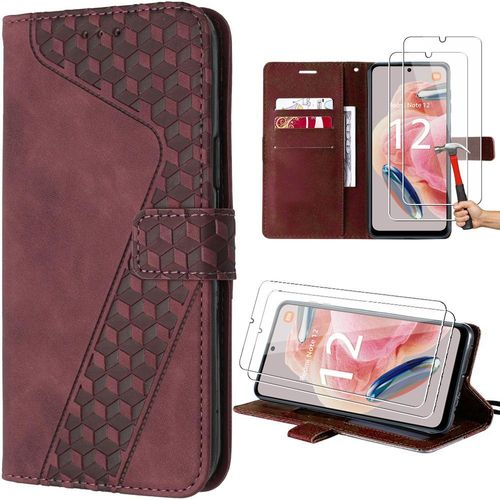 Coque Pour Xiaomi Redmi Note 12 4g, Rouge, Simili Cuir  Motif De Cube Avec Support+2 Verres Tremps (Pas Pour Redmi 12) - E.F.Connection