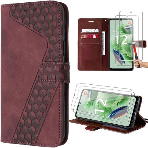 Coque Pour Xiaomi Redmi Note 12 5g Avec 2 Verres Tremps, Rouge, Housse Folio Effet Cuir Emboss Avec Support (Pas Pour Redmi 12) - E.F.Connection