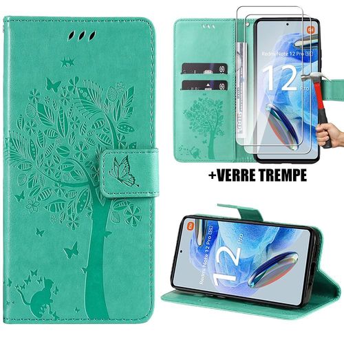 Coque Pour Xiaomi Redmi Note 12 Pro 5g, Motif Arbre Papillon Fleur Elgant Effet Cuir Vert + 2 Protection D'cran Verre Tremp - Booling