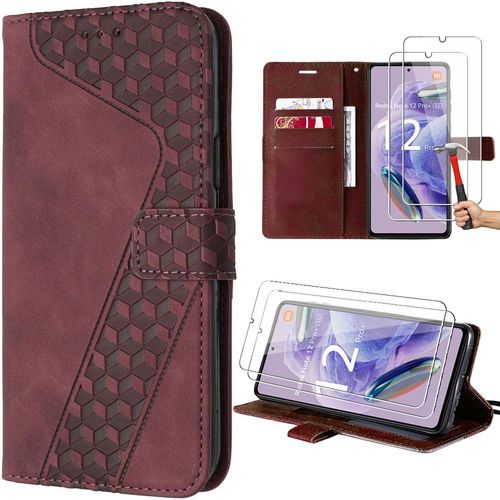 Coque Pour Xiaomi Redmi Note 12 Pro Plus 5g, Rouge, Etui Folio Motif De Cube En Cuir Pu Avec Support Rglable + 2 Verres Tremps - E.F.Connection