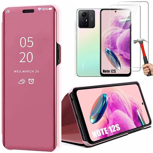 Coque Pour Xiaomi Redmi Note 12s (Pas Pour Note 12) + 2 Verres Tremps Effet Miroir Fentre Translucide Protection Rose Clear View - E.F.Connection