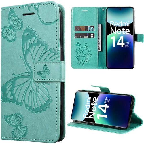 Coque Pour Xiaomi Redmi Note 14 Pro Plus 5g/Note 14 Pro+ 5g, Protection Synthcuir Motif Papillon Vert - E.F.Connection
