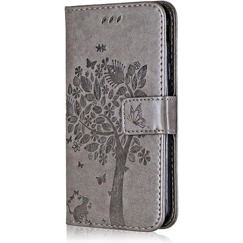 Coque Pour Xiaomi Redmi Note 4x, Conber Etui En Cuir Pu Portefeuille, Antichoc Flip Case Housse Retro Emboss Serie De Chat Et Darbre Pour Xiaomi Redmi Note 4x - Gris