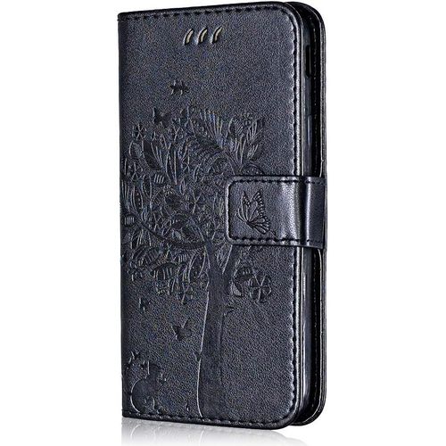 Coque Pour Xiaomi Redmi Note 4x, Conber Etui En Cuir Pu Portefeuille, Antichoc Flip Case Housse Retro Emboss Serie De Chat Et Darbre Pour Xiaomi Redmi Note 4x - Noir