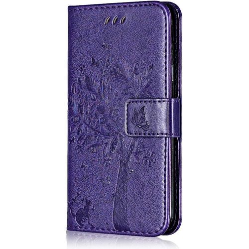 Coque Pour Xiaomi Redmi Note 4x, Conber Etui En Cuir Pu Portefeuille, Antichoc Flip Case Housse Retro Emboss Serie De Chat Et Darbre Pour Xiaomi Redmi Note 4x - Violet