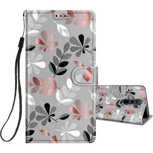 Coque Pour Xiaomi Redmi Note 8 Pro Cuir  Rabat Etui Folio Portefeuille Pour Filles Femme, Housse Cuir Fentes Pour Cartes tui Antichoc 360 Degrs Cover Silicone-Feuilles