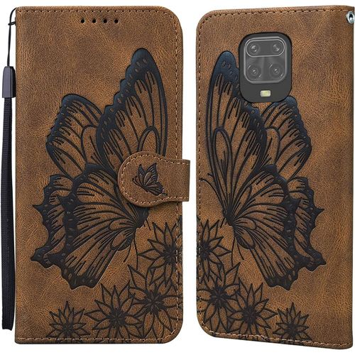 Coque Pour Xiaomi Redmi Note 9 Pro/Max, Etui Xiaomi Redmi Note 9s Housse En Cuir Pu Etui  Rabat Clapet Portefeuille De Protection Avec Motif Papillon, Coque Silicone Antichoc, Brun