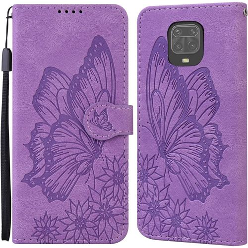 Coque Pour Xiaomi Redmi Note 9 Pro/Max, Etui Xiaomi Redmi Note 9s Housse En Cuir Pu Etui  Rabat Clapet Portefeuille De Protection Avec Motif Papillon, Coque Silicone Antichoc, Mauve