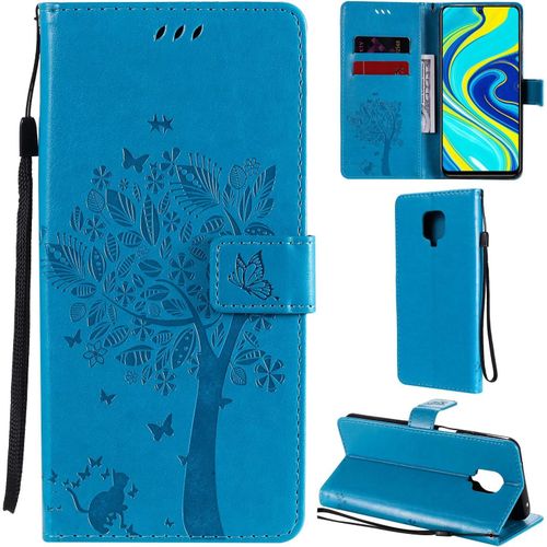 Coque Pour Xiaomi Redmi Note 9s/Note 9 Pro/Note 9 Pro Max, Motif Arbre Chat Pu Cuir Flip Housse tui Cover Case Wallet Portefeuille Support Avec Porte-Cartes - Bleu