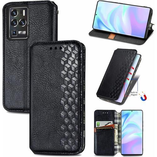 Coque Pour Zte Axon 30 Ultra, Antichoc Housse tui En Cuir Flip Case Portefeuille Avec Motif Losange 3d Porte Carte Adsorption Magntique Compatible Avec Zte Axon 30 Ultra, Noir