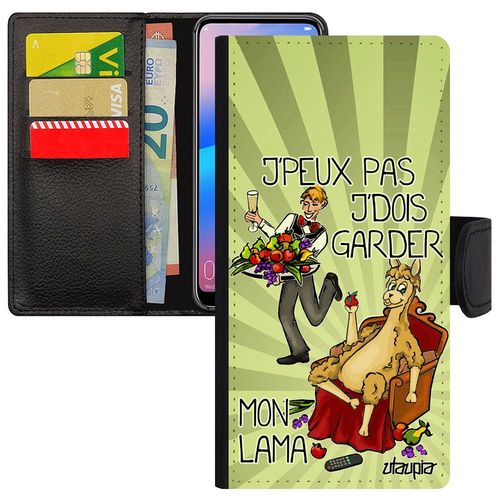 Coque Rabat Pour Huawei Y6 2018 Porte Cartes J'peux Pas J'dois Garder Mon Lama Smartphone Vert Texte Jpeux Housse Original Humour En