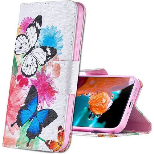 Coque Realme C21 Housse,Bookstyle Etui Motif Colore Imprime Housse Pu Etui En Cuir Portefeuille De Protection Etui A Rabat Pour Realme C20 / Realme C21. Bf Two Butterflies