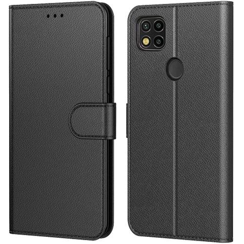 Coque Redmi 9c (5,7'') Effet Cuir Noir Design Tendance Fermeture Magnetique Bordure Renforcee