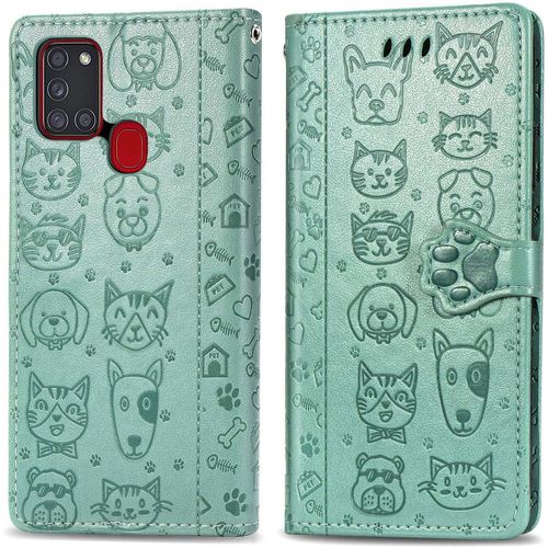 Coque Samsung A21s tui Cuir Samsung Galaxy A21s Flip Cover Cute Chat Chiot Motif Housse 360 Etui A Rabat Cover Magnetique Fonction Stand Et Fentes De Carte De Crdit Pochette Menthe Verte