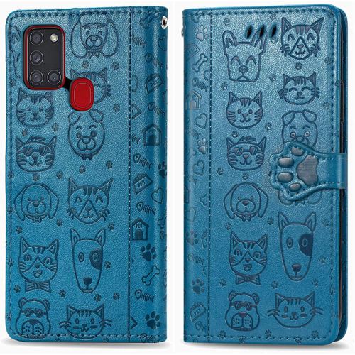Coque Samsung A21s tui En Cuir Samsung Galaxy A21s Flip Cover Cute Chat Chiot Motif Housse 360 Etui A Rabat Cover Magnetique Fonction Stand Et Fentes De Carte De Crdit Pochette Bleu