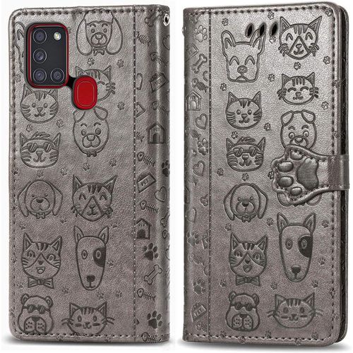 Coque Samsung A21s tui En Cuir Samsung Galaxy A21s Flip Cover Cute Chat Chiot Motif Housse 360 Etui A Rabat Cover Magnetique Fonction Stand Et Fentes De Carte De Crdit Pochette Gris