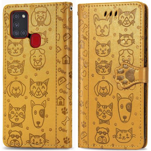 Coque Samsung A21s tui En Cuir Samsung Galaxy A21s Flip Cover Cute Chat Chiot Motif Housse 360 Etui A Rabat Cover Magnetique Fonction Stand Et Fentes De Carte De Crdit Pochette Or
