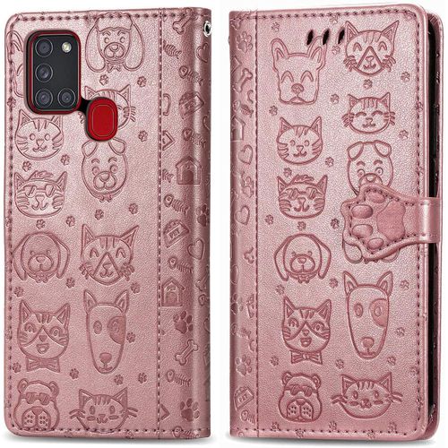 Coque Samsung A21s tui En Cuir Samsung Galaxy A21s Flip Cover Cute Chat Chiot Motif Housse 360 Etui A Rabat Cover Magnetique Fonction Stand Et Fentes De Carte De Crdit Pochette Or Rose