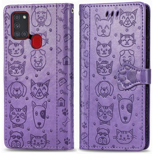 Coque Samsung A21s tui En Cuir Samsung Galaxy A21s Flip Cover Cute Chat Chiot Motif Housse 360 Etui A Rabat Cover Magnetique Fonction Stand Et Fentes De Carte De Crdit Pochette Violet
