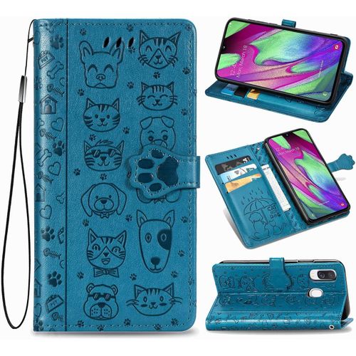 Coque Samsung A40 tui En Cuir Samsung Galaxy A40 Flip Cover Cute Chat Chiot Motif Housse 360 Etui A Rabat Cover Magnetique Fonction Stand Et Fentes De Carte De Crdit Pochette Bleu