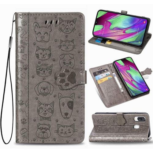 Coque Samsung A40 tui En Cuir Samsung Galaxy A40 Flip Cover Cute Chat Chiot Motif Housse 360 Etui A Rabat Cover Magnetique Fonction Stand Et Fentes De Carte De Crdit Pochette Gris