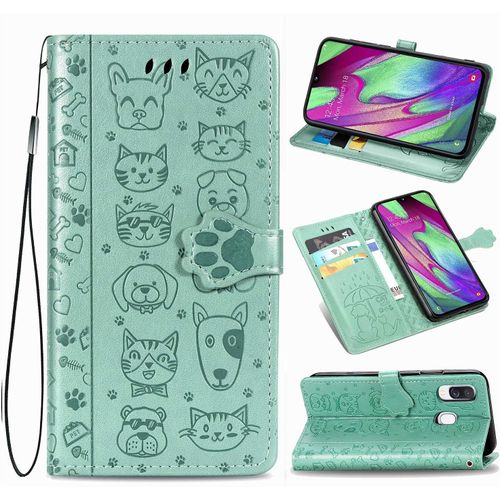 Coque Samsung A40 tui En Cuir Samsung Galaxy A40 Flip Cover Cute Chat Chiot Motif Housse 360 Etui A Rabat Cover Magnetique Fonction Stand Et Fentes De Carte De Crdit Pochette Menthe Verte