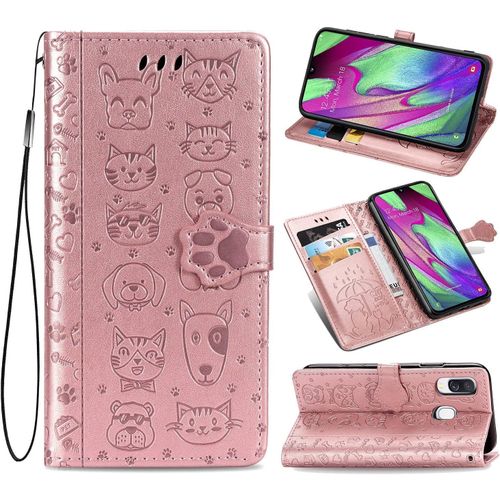 Coque Samsung A40 tui En Cuir Samsung Galaxy A40 Flip Cover Cute Chat Chiot Motif Housse 360 Etui A Rabat Cover Magnetique Fonction Stand Et Fentes De Carte De Crdit Pochette Or Rose