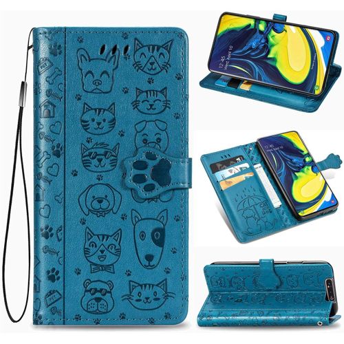 Coque Samsung A80 tui En Cuir Samsung Galaxy A80 Flip Cover Cute Chat Chiot Motif Housse 360 Etui A Rabat Cover Magnetique Fonction Stand Et Fentes De Carte De Crdit Pochette Bleu