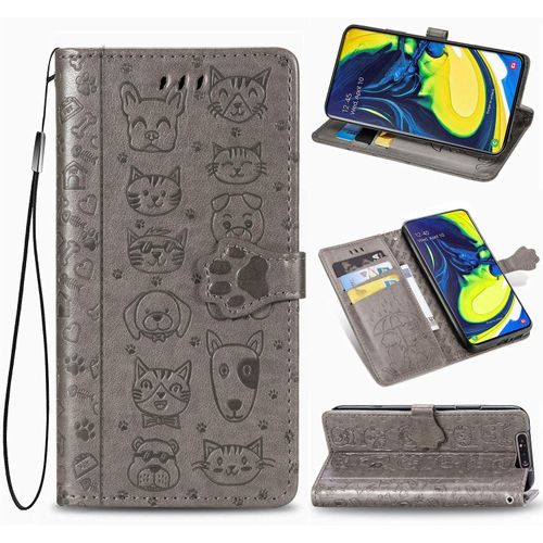 Coque Samsung A80 tui En Cuir Samsung Galaxy A80 Flip Cover Cute Chat Chiot Motif Housse 360 Etui A Rabat Cover Magnetique Fonction Stand Et Fentes De Carte De Crdit Pochette Gris