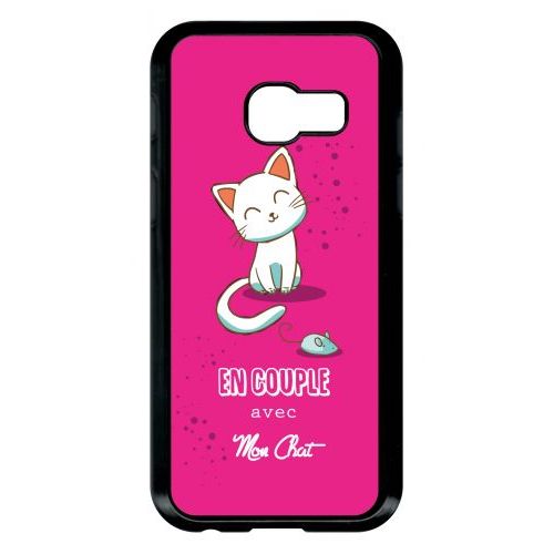 Coque Pour Smartphone - En Couple Avec Mon Chat Fond Rose - Compatible Avec Samsung Galaxy A3 (2017) - Plastique - Bord Noir