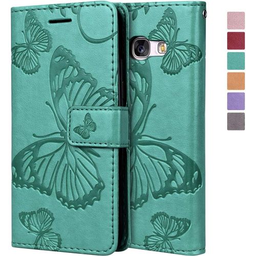 Coque Samsung Galaxy A5 2017, Housse Portefeuille En Cuir Pu Patron 3d Papillon Imprim tui Folio Case Function Stand Pochette  Rabat Carte Encastre - Vert