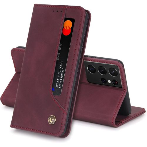 Coque Samsung Galaxy Note20 Ultra Housse Etui Flip Kickstand Support Case 5 Cartes Design Portefeuille En Cuir Housse De Protection Adsorption Auto Magnetic Case Pour Note20 Ultra Cover(Rouge)
