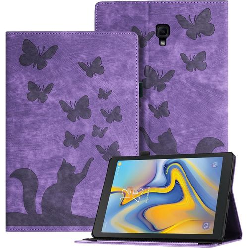 Coque Samsung Galaxy Tab A 10.5 2018 En Relief, tui Pour Tablette En Cuir Pu Rtro Sur Le Thme Des Papillons Et Des Chats Pour Samsung Galaxy Tab A 10.5 (2018) / T590, Violet.[F3032]