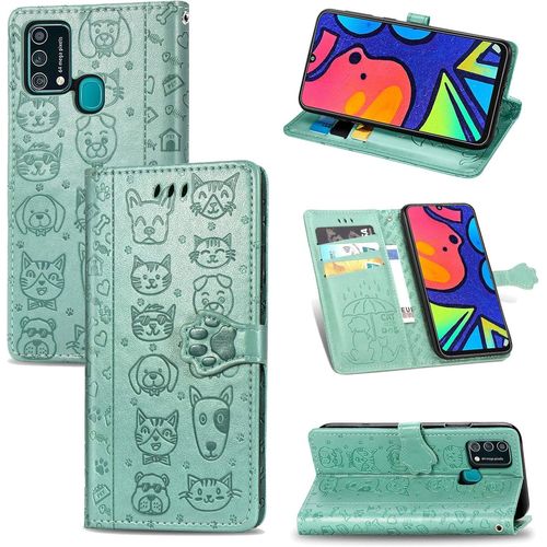 Coque Samsung M21s tui Cuir Samsung Galaxy F41 Flip Cover Cute Chat Chiot Motif Housse 360 Etui A Rabat Cover Magnetique Fonction Stand Et Fentes De Carte De Crdit Pochette Menthe Verte