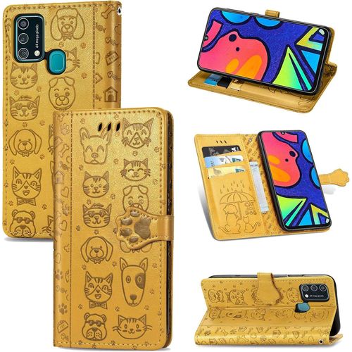 Coque Samsung M21s tui En Cuir Samsung Galaxy F41 Flip Cover Cute Chat Chiot Motif Housse 360 Etui A Rabat Cover Magnetique Fonction Stand Et Fentes De Carte De Crdit Pochette Or
