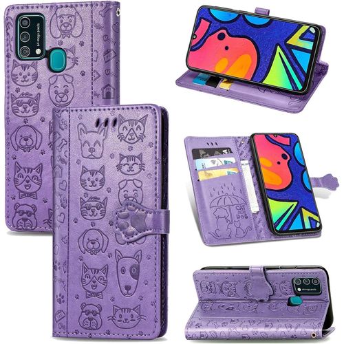 Coque Samsung M21s tui En Cuir Samsung Galaxy F41 Flip Cover Cute Chat Chiot Motif Housse 360 Etui A Rabat Cover Magnetique Fonction Stand Et Fentes De Carte De Crdit Pochette Violet