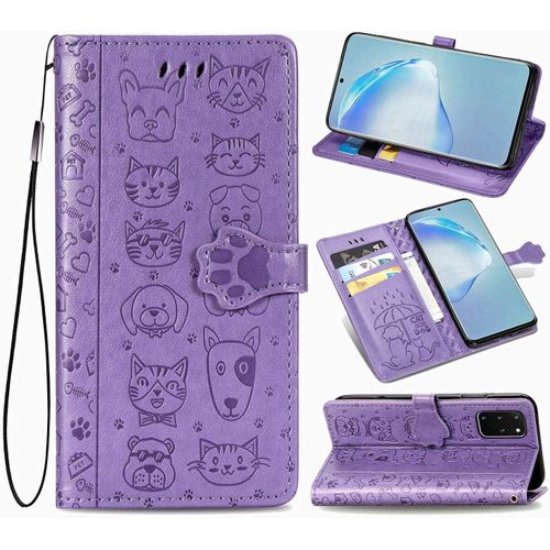 Coque Samsung S20 Plus tui En Cuir Samsung Galaxy S20+ Flip Cover Cute Chat Chiot Motif Housse 360 Etui A Rabat Cover Magnetique Fonction Stand Et Fentes De Carte De Crdit Pochette Violet