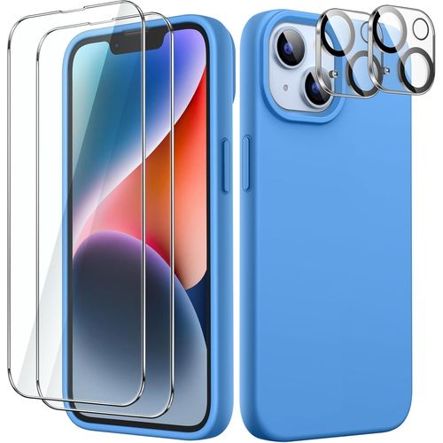 Coque Silicone 3 En 1 Pour Iphone 14 Plus 6,7 Pouces Avec Protection cran Verre Tremp 9h, Camra Arrire Hd Et Antichoc - Compatible Chargeur Sans Fil