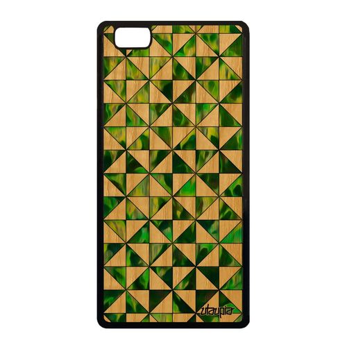 Coque Silicone Huawei P8 Lite 2015 En Bois Naturel Design Carreau Vert Color Carre Marbre Caoutchouc Geometrique Design Motif Effet