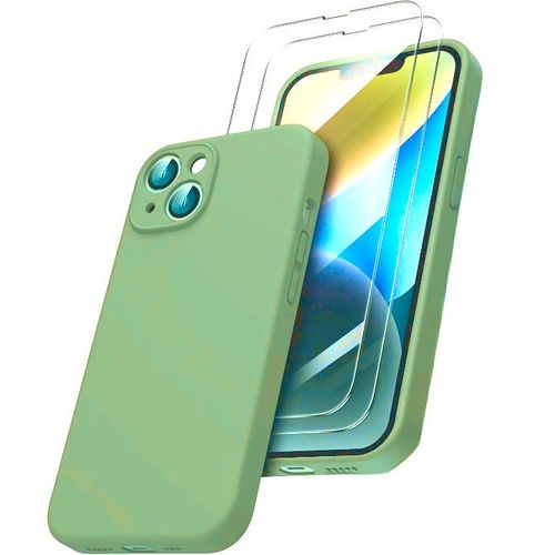 Coque Silicone Pour Iphone 14 Couleur Vert Protection Objectif Appareil Photo + 2 Verres Trempe Protection Ecran Little Boutik