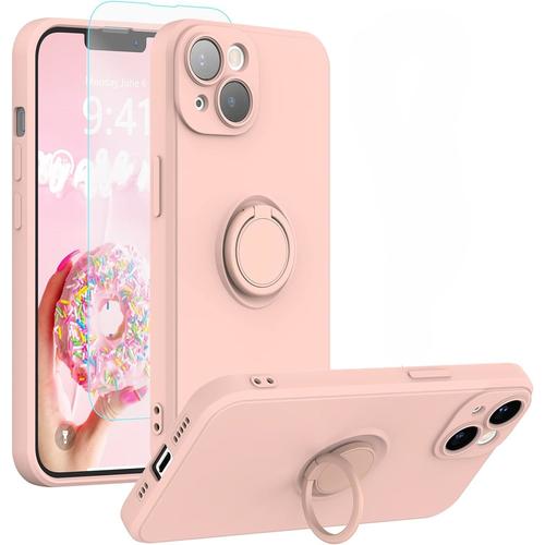 Coque Silicone Pour Iphone 14 Plus Couleur Rose Avec Anneau Support + Verre Trempe Protection Ecran Little Boutik