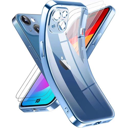 Coque Silicone Pour Iphone 15 Bleu + 2 Verres Tremps Vitre Protection D'cran - Booling
