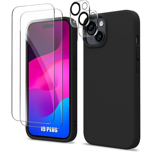 Coque Silicone Pour Iphone 15 Plus Noir + 2 Vitres En Verre Tremp Et 2 Protections Objectif Arrire