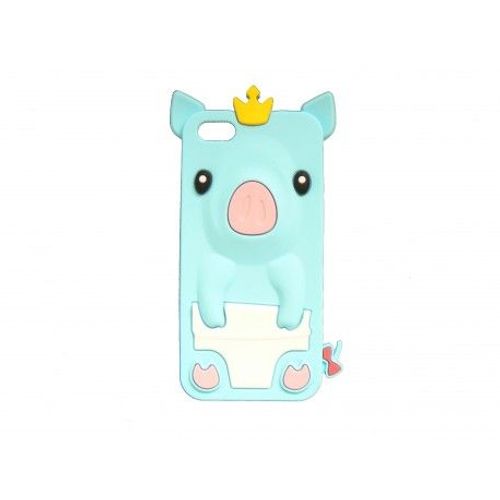 Coque Silicone Pour Iphone 5c Cochon Bleu Turquoise + Film Protection cran