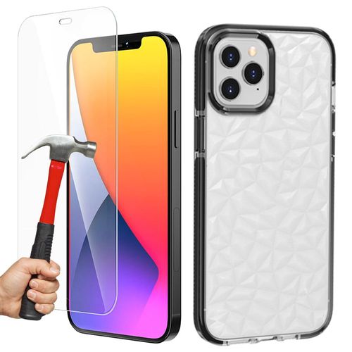 Coque Silicone + Protection D'cran Pour Iphone 12, Antichoc Solide 3d lgant Motif Diamant - Noir